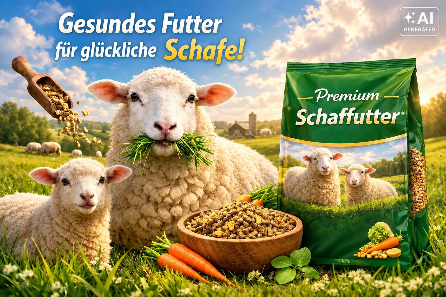 Schaf und Lamm neben einer Futtermischung mit Getreide, Karotten und Kräutern